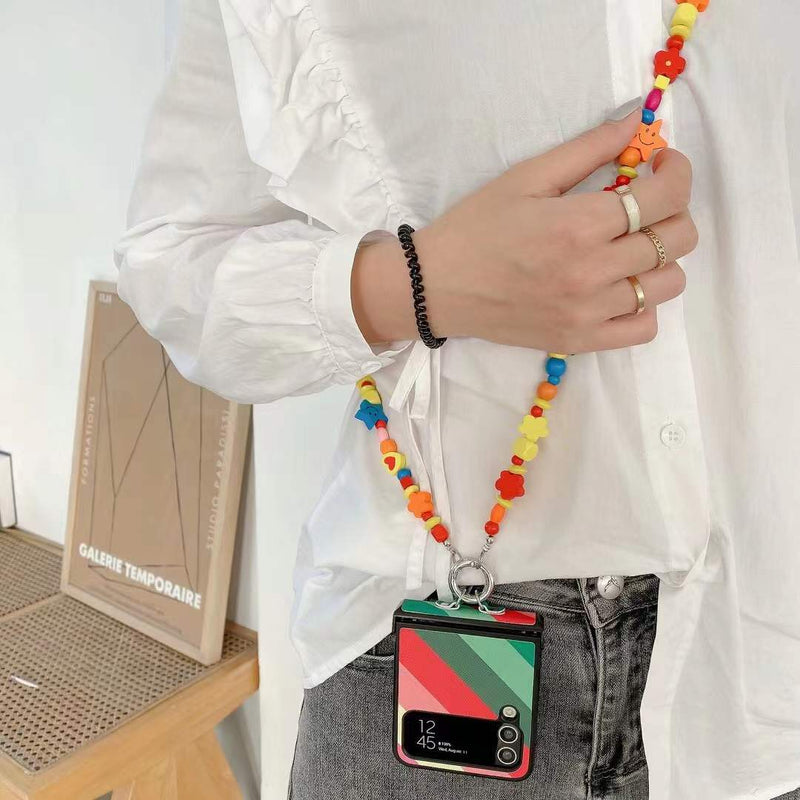 Samsung foldable flip phone case+wooden rainbow crossbody chain