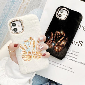 Rhinestone swan Plush phone case