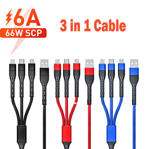 3 in 1 6A USB Cable Fast Charger Wire Type C/Micro USB/iOS Data Cable