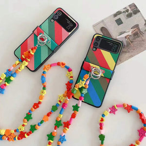 Samsung foldable flip phone case+wooden rainbow crossbody chain