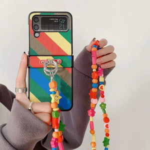 Samsung foldable flip phone case+wooden rainbow crossbody chain