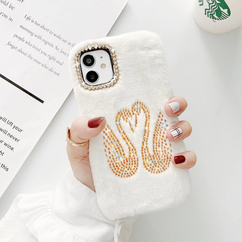 Rhinestone swan Plush phone case