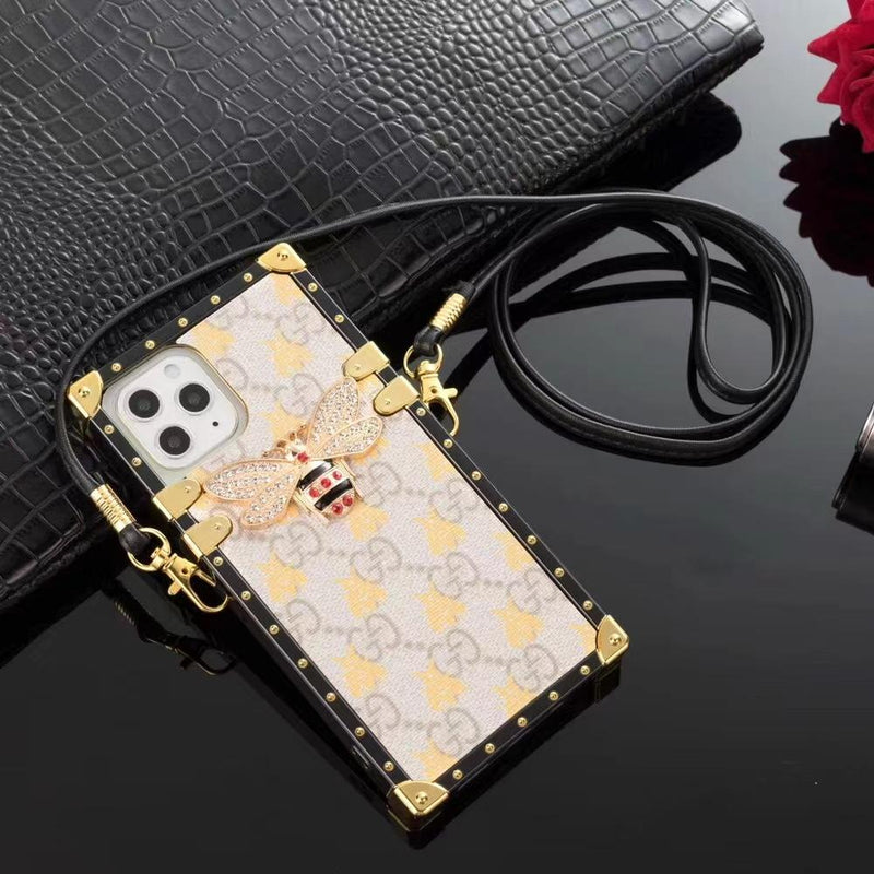 Retro rhinestone bee lanyard phone case