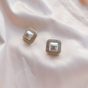 Fashion Pearl Diamond Square Stud Earrings