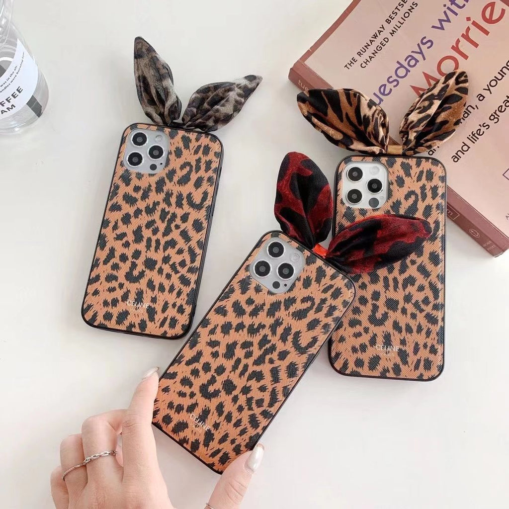 Leopard print rabbit ear phone case