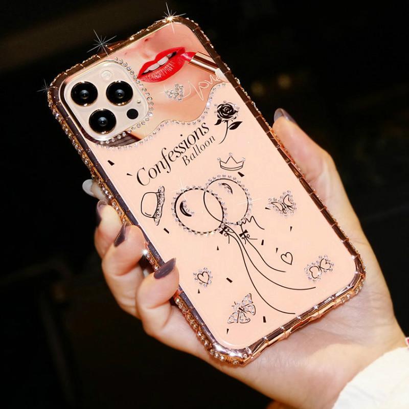 Two-in-one phone case with rhinestone frame and mirror