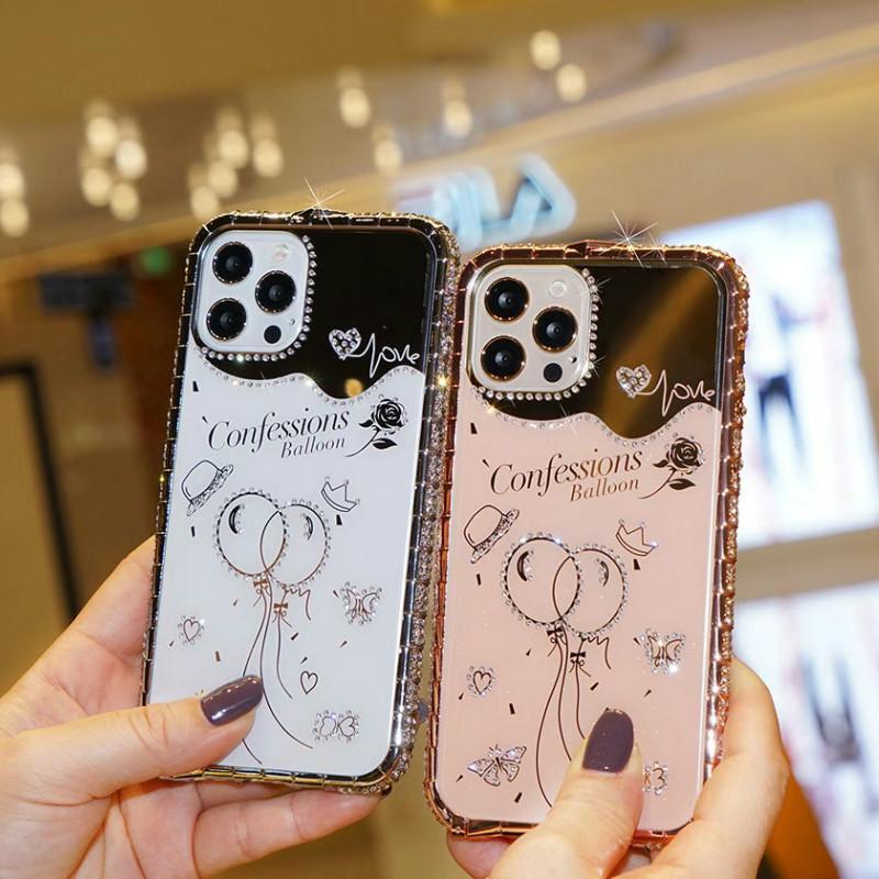 Two-in-one phone case with rhinestone frame and mirror