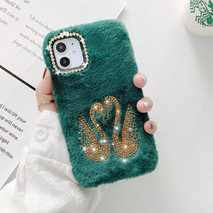 Rhinestone swan Plush phone case